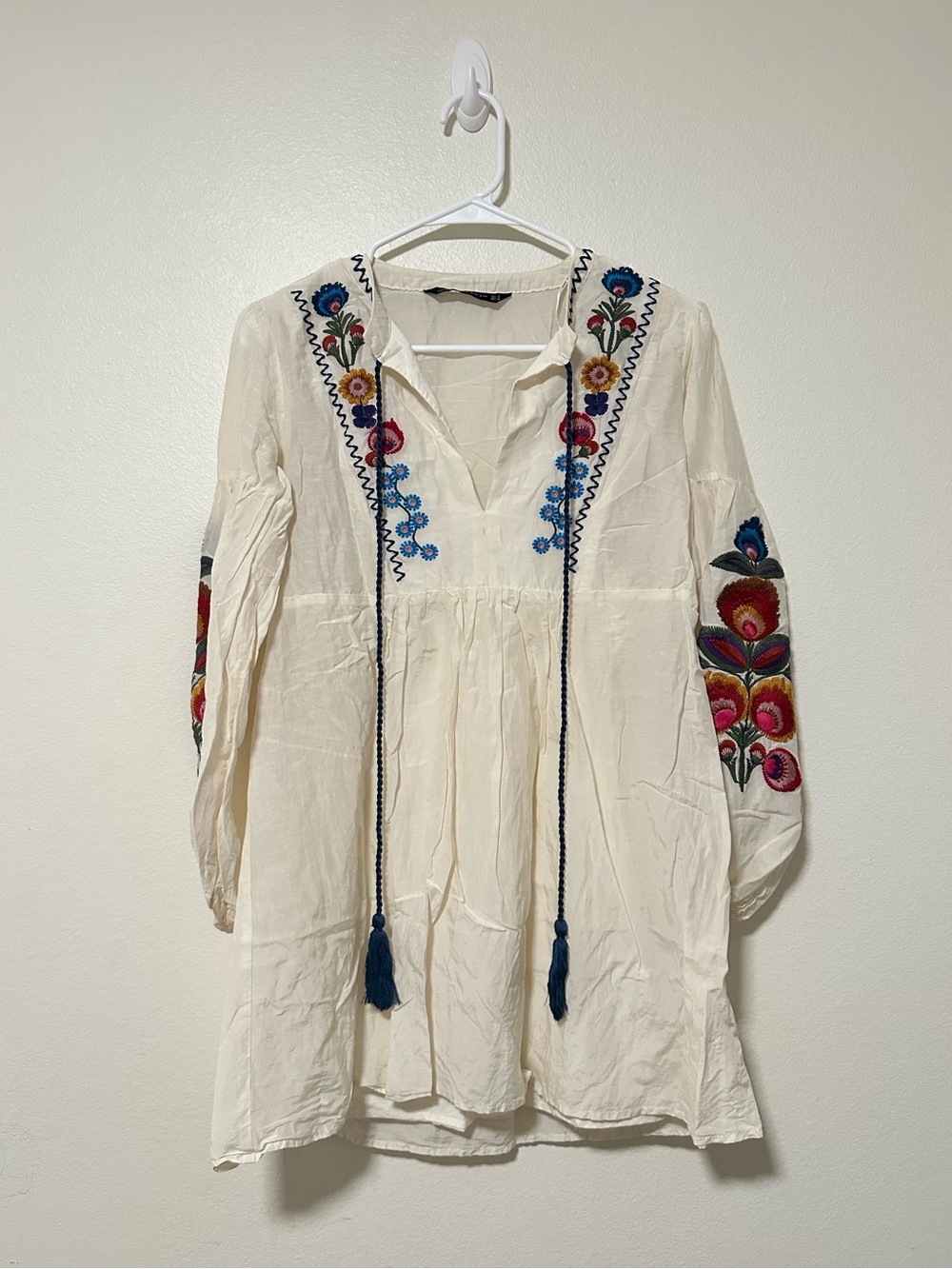 Zara Embroidered Ivory Boho Tunic Dress with Navy Tassel Tie - Picture 3 of 6